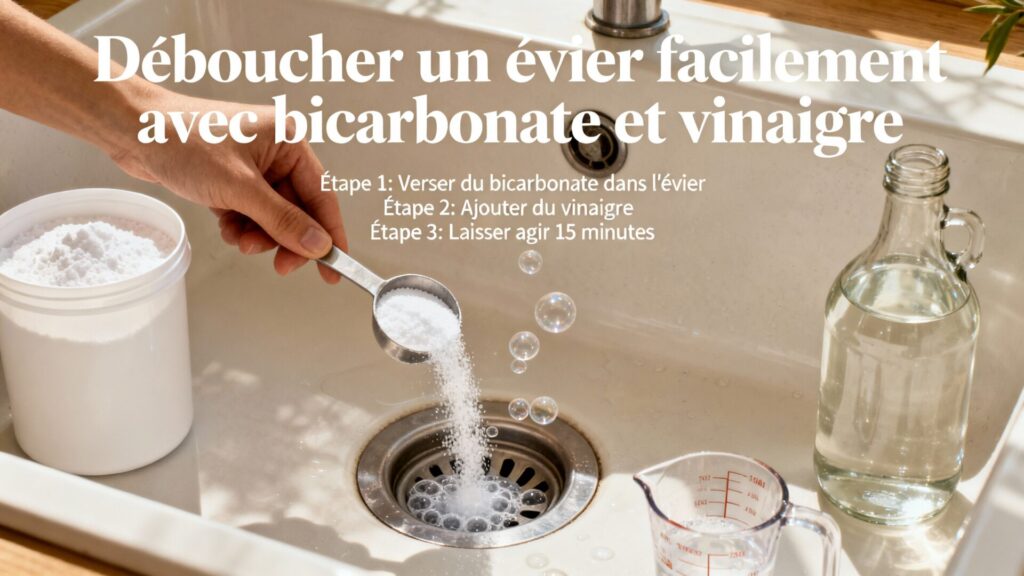 Déboucher un évier facilement avec bicarbonate et vinaigre avec texte