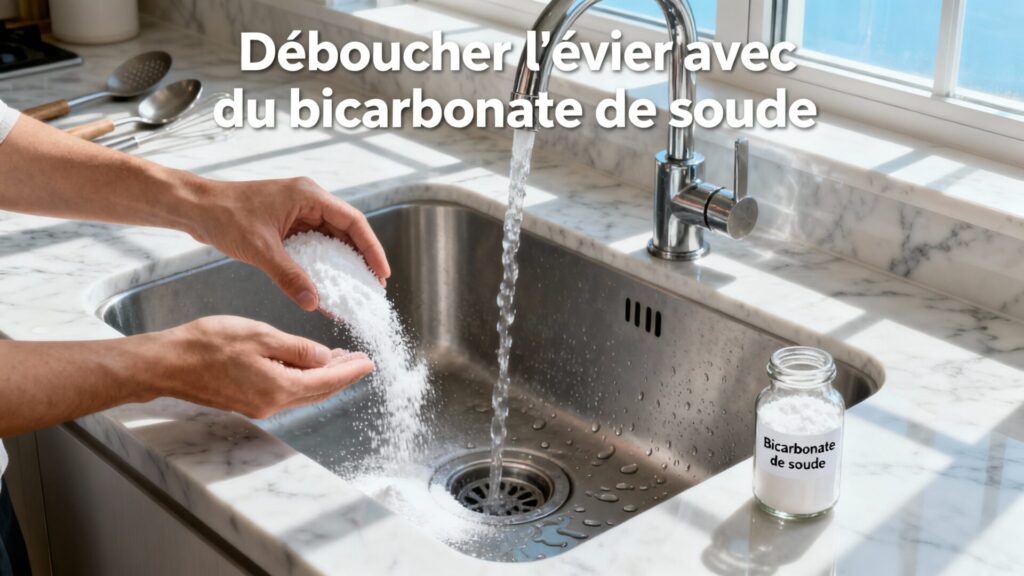 Déboucher l'évier avec du bicarbonate de soude avec texte