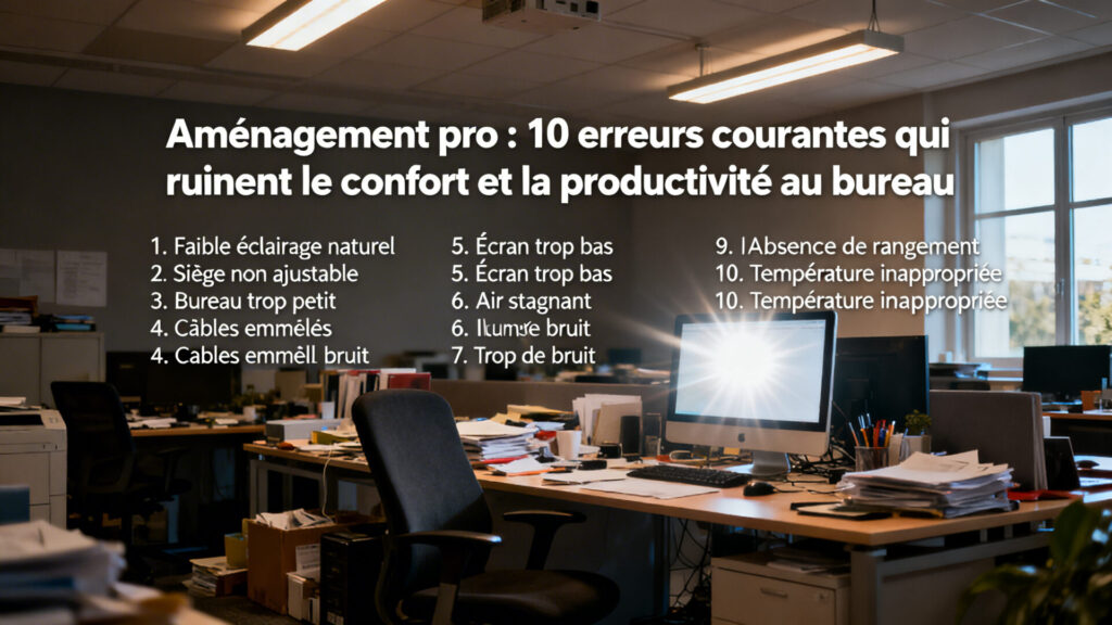 Aménagement pro : 10 erreurs courantes qui ruinent le confort et la productivité au bureau avec texte