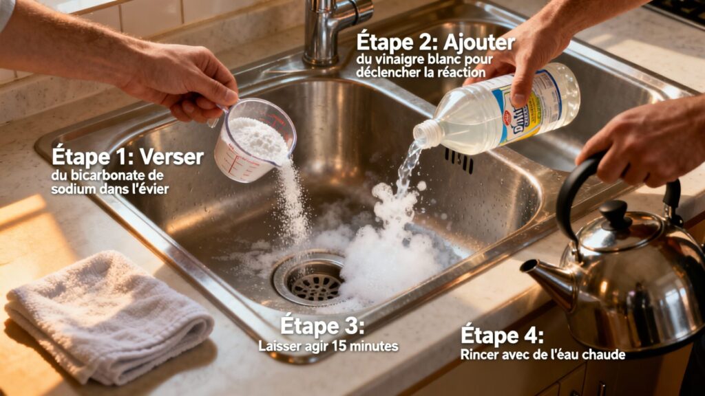 Déboucher un évier au vinaigre blanc et bicarbonate : la méthode efficace avec texte