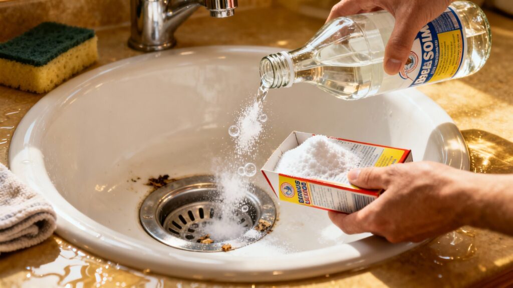Déboucher un évier au vinaigre blanc et bicarbonate : la méthode efficace sans aucun texte
